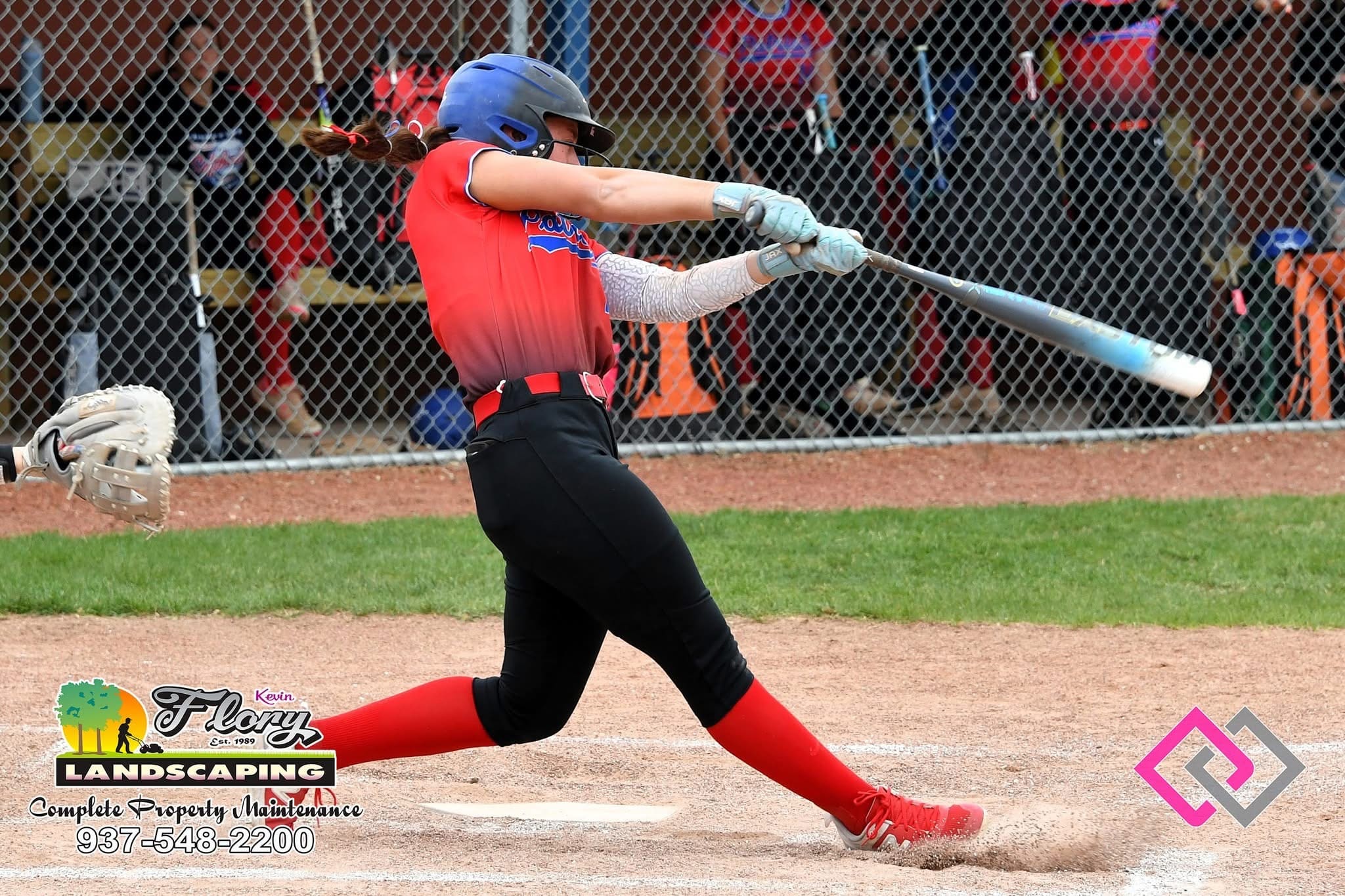 Emma Greer drives a pitch to left field during Tri-Village High School’s 12–3 win over Fayetteville Perry in the district final. Greer went 5-for-5 with five RBIs in the victory. (Photo courtesy of Kevin Flory Landscaping)