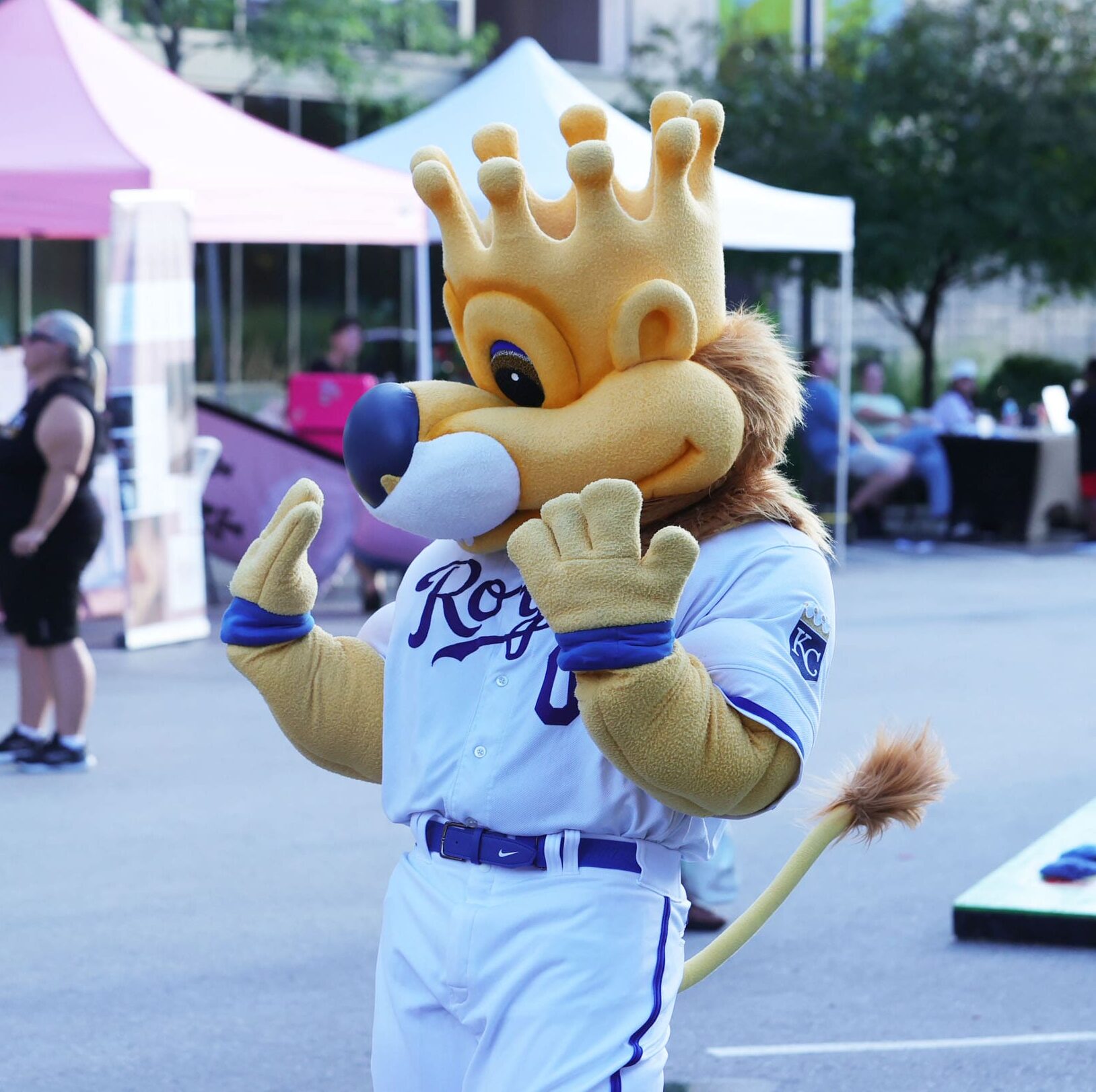 The Kansas City Royals mascot greets fans during a special event tied to the Midwest Summer Nationals experience in Kansas City.