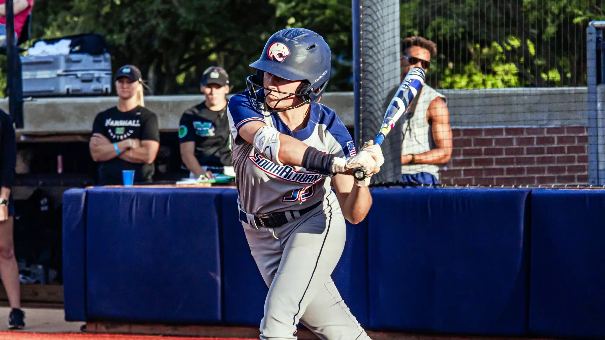 South Alabama’s Presley Lively tracks a pitch during a game against Marshall. The freshman standout embraced the challenges of her debut collegiate season with grit and growth. (Photo courtesy of South Alabama Athletics)