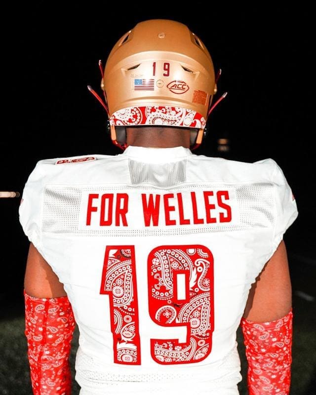 A Boston College football jersey honors Welles Crowther with “For Welles” and a bandana-themed No. 19. (Courtesy of Boston College)